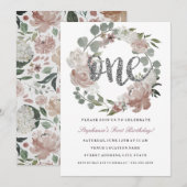 Erster Geburtstag Rosa Silberblumen-Kranz Einladun Einladung (Vorne/Hinten)