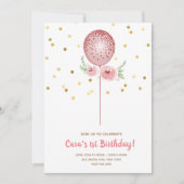 Erster Geburtstag Rosa und Gold Ballon Einladung (Vorderseite)