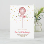Erster Geburtstag Rosa und Gold Ballon Einladung (Stehend Vorderseite)
