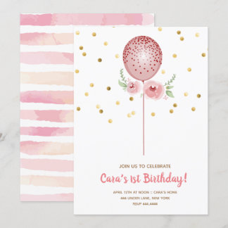 Erster Geburtstag Rosa und Gold Ballon Einladung