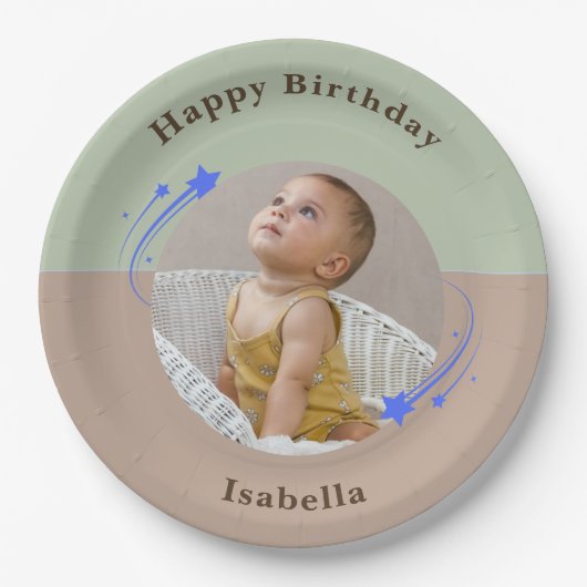 Erster Geburtstag Shooting Star Green Brown Pappteller (Vorderseite)