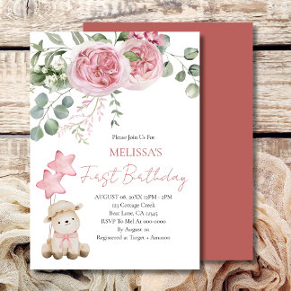 Erster Geburtstag Sweet Little Lamm Pink Roses Einladung