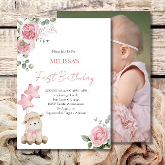 Erster Geburtstag Sweet Little Lamm Pink Roses Einladung