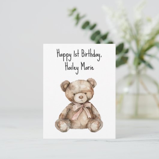 Erster Geburtstag Teddy Bär Personalisiert Postkarte (Stehend Vorderseite)