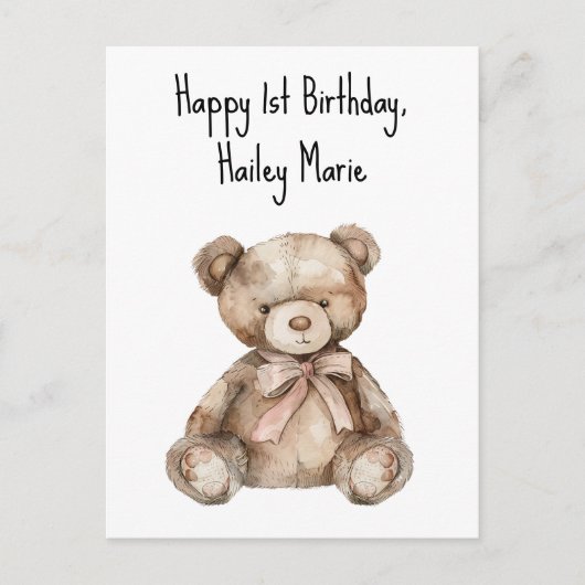 Erster Geburtstag Teddy Bär Personalisiert Postkarte (Vorderseite)