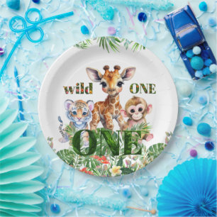 Erster Geburtstag Tiger Giraffe Affe Wilder Eins Pappteller