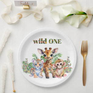 Erster Geburtstag Tiger Giraffe Affe Wilder Eins Pappteller