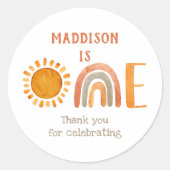 Erster Geburtstag Wasserfarbe Boho Regenbogen und  Runder Aufkleber (Vorderseite)