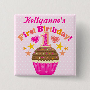 Erster Geburtstags-kleiner Kuchen (Mädchen) Button