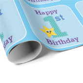 Erster Geburtstagskind, Blue Yellow Star Geschenkpapier (Rolleneckpunkt)