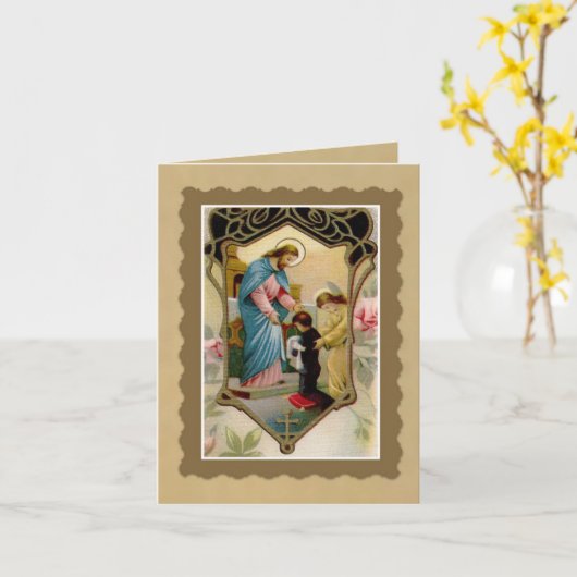 Erster heilige Kommunions-Junge mit Jesus u. Engel Karte (Gelbe Blume)