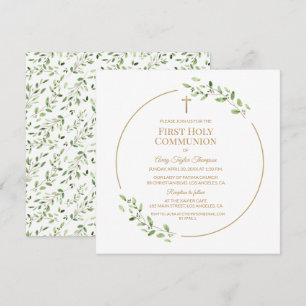 Erster Heiliger Kommunion Greenery Elegant Goldkre Einladung
