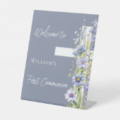 Erster Kommune Dusty Blue Blumenkreuz Empfang Sockelschild (Vorderseite)