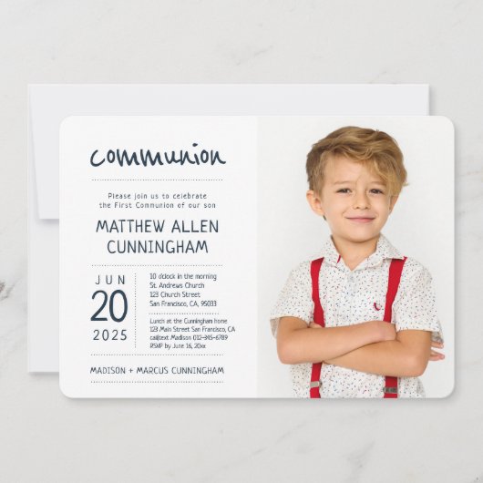 Erster Kommunion Boy| Modernes + einfaches Foto Einladung (Vorderseite)