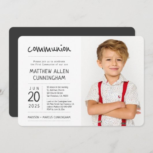 Erster Kommunion Boy | Modernes + einfaches Foto Einladung (Vorne/Hinten)