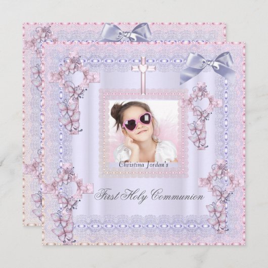 Erster Kommunion Cross Girl Foto Lavender Einladung (Vorne/Hinten)