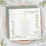 Erster Kommunion Grünplatz Save the Date<br><div class="desc">Mit zarten Aquarellgrün-Blätter und einem eleganten Goldkruzifix ist diese genderneutrale First Holy Communion rett-the-date-Einladung mit Ihren speziellen Informationen personalisiert,  mit einem klugen grünen Hintergrund auf der Rückseite. Entwickelt von Thisisnotme©</div>