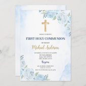 Erster Kommunionsbesuch von Blauer Flora Einladung (Vorne/Hinten)