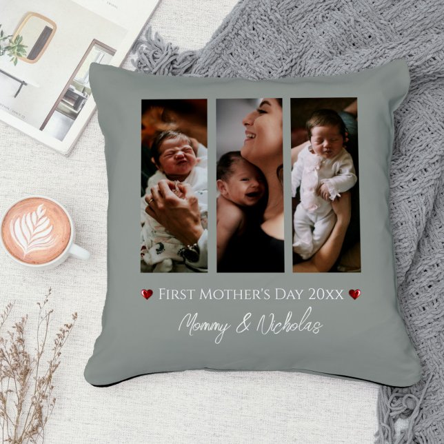 Erster Muttertag drei Mal Collage Szene Grün Kissen (Sage Green First Mother's Day Three Photo Collage Throw Pillow)