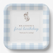 Erster Rodeo-Cowboy-Geburtstag Blau Gingham  Pappteller (Vorderseite)