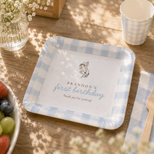 Erster Rodeo-Cowboy-Geburtstag Blau Gingham  Pappteller