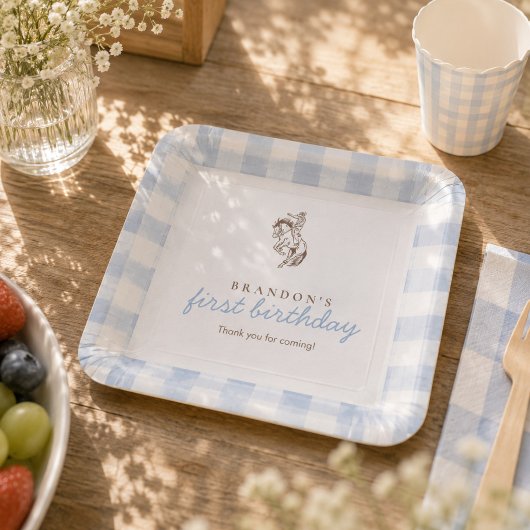 Erster Rodeo-Cowboy-Geburtstag Blau Gingham  Pappteller