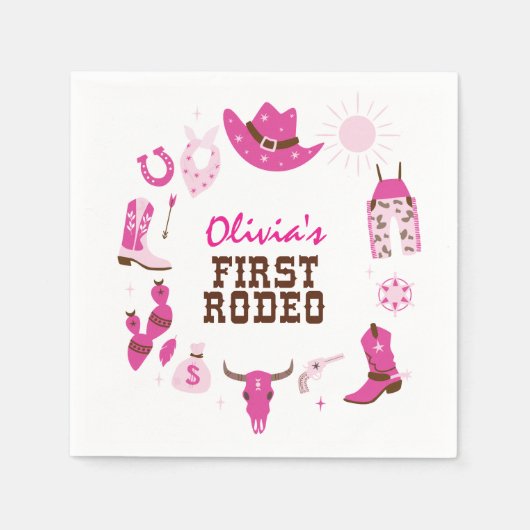 Erster Rodeo Pink Western Cowboy 1. Geburtstag Serviette (Vorderseite)