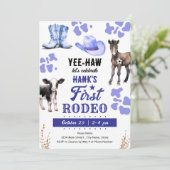 Erster Rodeo Western Geburtstag BLAU Einladung (Stehend Vorderseite)