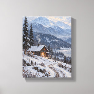 Erster Schnee in der kühlen blauen Hütte – Winterl Leinwanddruck