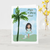 Erster Schultag mit jungen dunklen Hautmädchen Karte (Gelbe Blume)