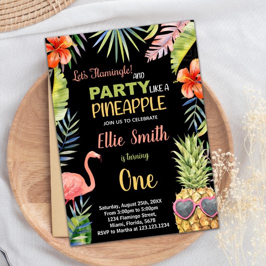 Erster Schwarzer Flamingo & Ananas Geburtstag Einladung