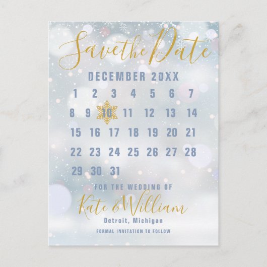 Erster Snowflakes-Kalender Save the Date Ankündigungspostkarte (Vorderseite)