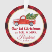 Erster Verheirateter Weihnachtswagen Rotes Kariert Ornament (Vorderseite)