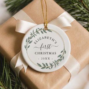 Erster Weihnachts-Blumengrün-Kranz Keramik Ornament