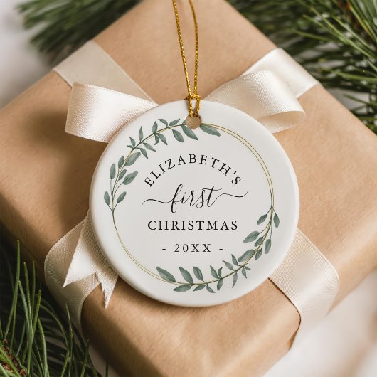 Erster Weihnachts-Blumengrün-Kranz Keramik Ornament