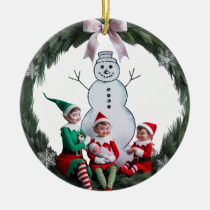 Erster Weihnachts-Elf-Team-Kranz-Foto-Keramik Keramik Ornament