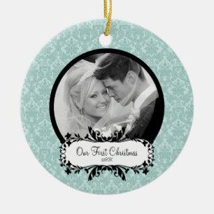 Erster WeihnachtsFoto-Verzierungs-Blau-Damast Keramikornament
