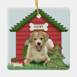 Erster Weihnachtshundehaus-Foto-Name u. Jahr Keramikornament