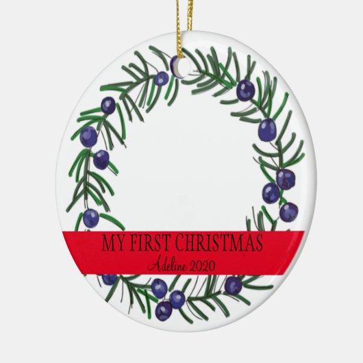 Erster Weihnachtsjuniper Keramik Ornament (Links)