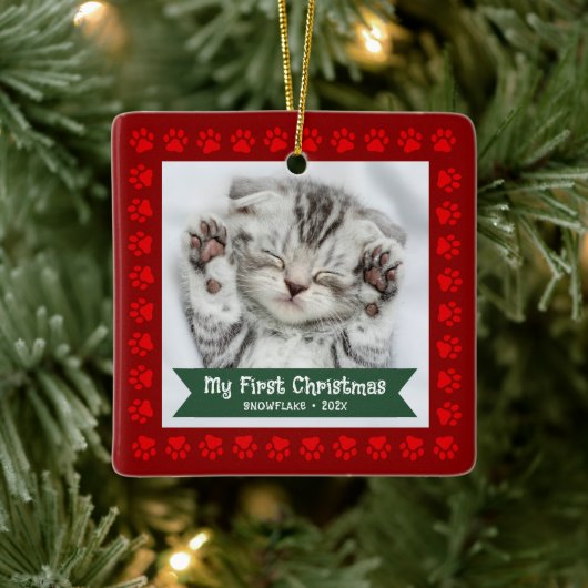 Erster Weihnachtsmann Kitten Foto Paws Red Custom Keramikornament (Baum)