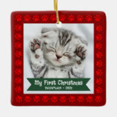 Erster Weihnachtsmann Kitten Foto Paws Red Custom Keramikornament (Vorderseite)