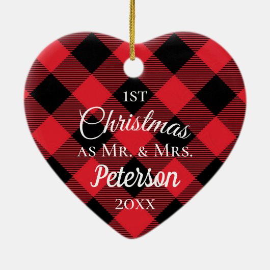 Erster Weihnachtsmann und Frau Buffalo Kariert Hea Keramik Ornament (Hinten)