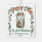 Erster WeihnachtsWinter Blumentauber Familie Grün Keramikornament (Links)