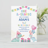 Erstes 1. Geburtstag Party Zwei Dinosaurier Einladung (Stehend Vorderseite)