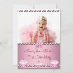 Erstes 1. Geburtstagsmädchen Rosa Cupcakes Baby Einladung