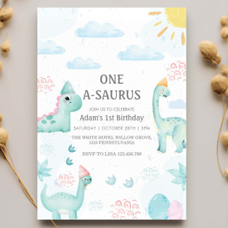 Erstes Blue Watercolor Dinosaurier Party zum 1. Ge Einladung