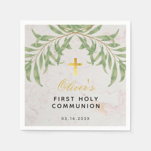 Erstes Communion Greenerage Foliage Marble Gold Cr Serviette (Vorderseite)