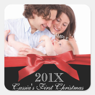 Erstes Foto des Babys Weihnachtsmit rotem Band Quadratischer Aufkleber