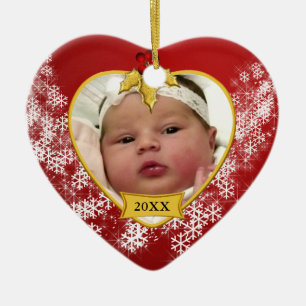 Erstes Foto roten Babys Snowy Weihnachts Keramikornament