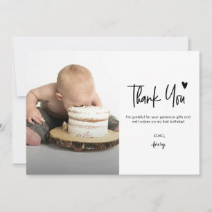 Erstes Geburtstags-Baby-Foto Moderne Herz-Schrift Dankeskarte